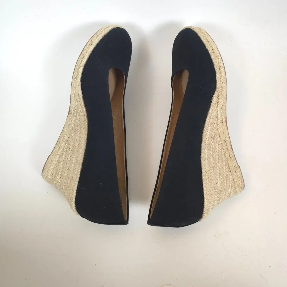 J.Crew Espadrille Wedge Shoes Black Cream Canvas Rope Heel Womens Size 12